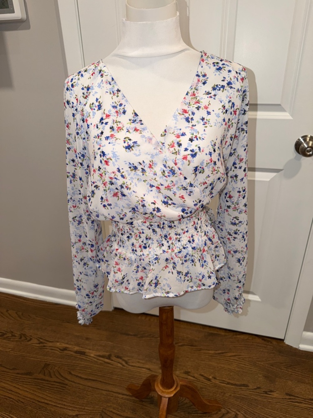 Japna White Floral Surplice Peplum Blouse with Blue & Pink Accents